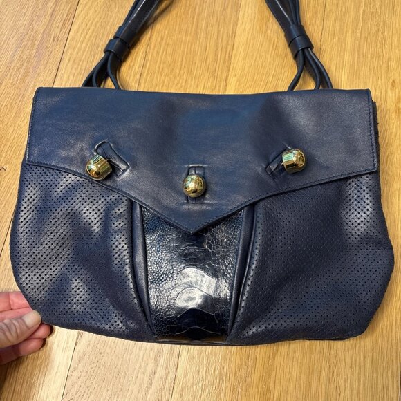 Balenciaga Ostrich Leg Navy Perforated Leather Shoulder Dual Bag Gold Buttons - Picture 2 of 8